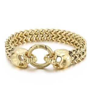 Men Stainless Steel Bracelet With Double Skull Head Woven Chain Ring Buckle Punk Hip Hop Gothic Jewelry Rock Style