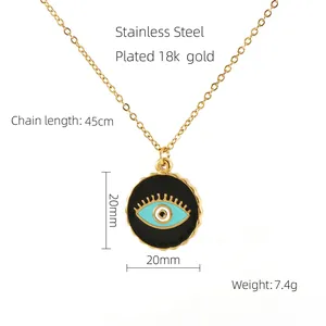 Detail view of Evil Eye pendant showing 20mm diameter and 45cm gold stainless steel chain