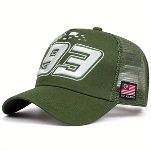 Close-up of number 93 embroidery and G.P. Malaysia patch on the mesh trucker hat