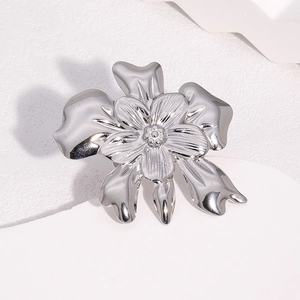 Minimalist silver flower open ring with polished multi-layered petals in stainless steel