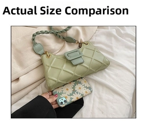 Size comparison of light green quilted faux leather crossbody bag with a mobile phone