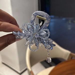 Elegant blue floral hair claw clip with crystal beads and tassel pendant for women