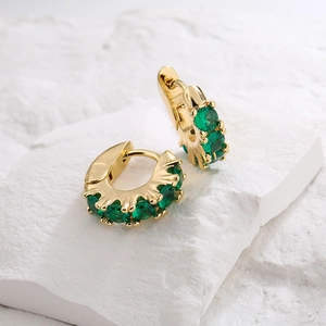 18K gold plated hoop earrings with micro-set green zircon on a textured stone