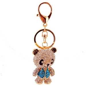 Sparkling rhinestone panda keychain in blue vest with gold-tone ring and swivel hook