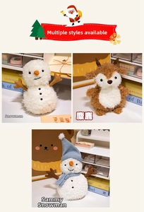 Detail view of plush Christmas toys including snowman and reindeer with carrot nose