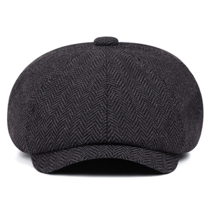 Classic dark grey herringbone newsboy cap for men featuring premium wool-blend fabric