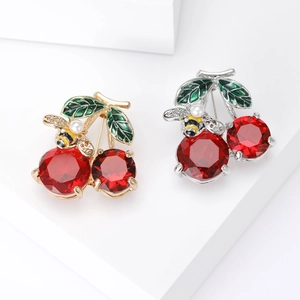 Cute Cherry Bee Brooch Pin Alloy Red Crystal Enamel Faux Artificial Pearl Fruit Design Cardigan Suit Accessories For Women