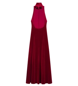 Detail view of red velvet backless halter dress showing texture and back cut-out