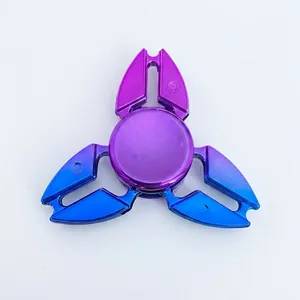 Colorful gradient hand spinner fidget toy in metallic zinc alloy and three leaf shield design