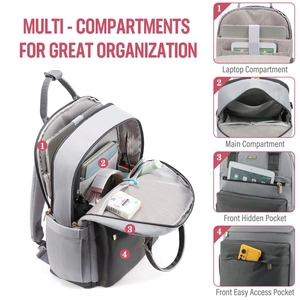 Detalles del interior de una mochila gris para mujer con compartimentos organizados
