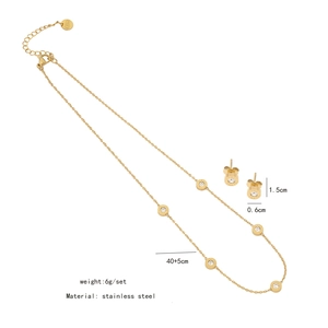 Detailed view of golden stainless steel necklace and earrings set with size specifications