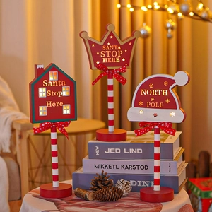 LED Christmas wooden signs featuring house crown and Santa hat shapes for festive decor