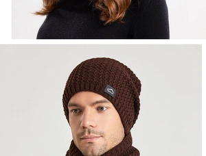 Detail view of the warm knitted hat and scarf set with fleece lining and sport logo label