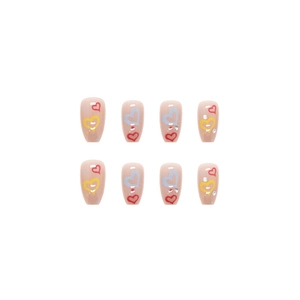 Pink press-on nails with colorful heart designs and glitter for a cute aesthetic