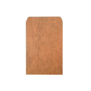 Vertical view of minimalist brown kraft paper envelope with vintage French typography