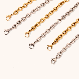 Detailed view of flat oval link chains in gold and silver finish with lobster clasps