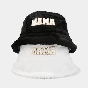 Cappelli alla pescatora in peluche bianco e nero con ricamo patch MAMA in ciniglia