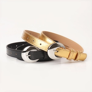 Black and gold faux leather belts with crescent silver buckles for women's dresses