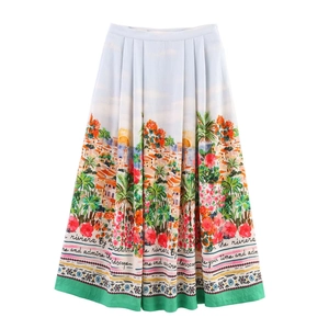 Jupe midi taille haute avec imprimé paysage côtier méditerranéen et motifs floraux
