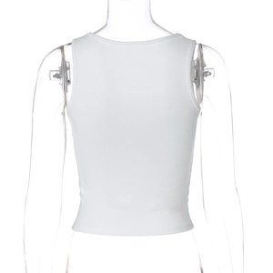 Close-up of white ribbed knit fabric texture on a scoop neck racerback tank top