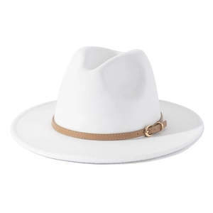 Detail of white wool felt jazz hat featuring a brown leather band and gold metal buckle