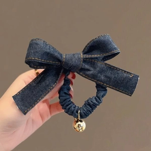 Chouchou Nœud En Jean Élastique À Cheveux Denim Bleu Foncé Avec Grelot En Métal Doré Support Queue De Cheval Style Coréen