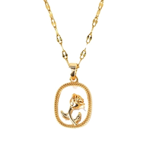 French vintage stainless steel gold necklace with an oval 3D rose flower pendant