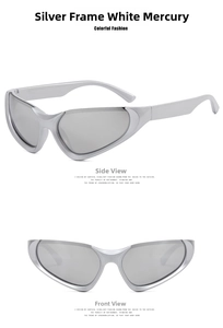 Detailed views of silver frame Y2K sunglasses with mirror lenses from front and side angles