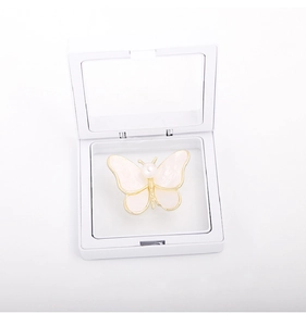 Detail of cream butterfly brooch with pearl in a clear PE film suspension display box