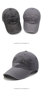 Detailed view of vintage washed cotton baseball caps featuring New York 3D embroidery
