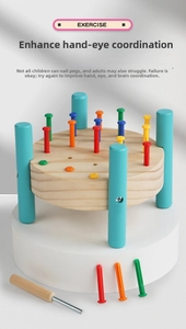 Detail of wooden pounding bench toy with colorful pegs and mallet for hand-eye coordination