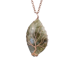 Macro shot of tree of life wire-wrapped natural labradorite leaf pendant necklace