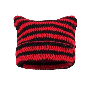 Chic red and black striped knitted beanie with cat ear design for a punk winter style
