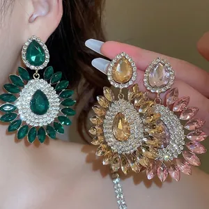 Luxurious water drop flower earrings with sparkling crystals in green and champagne