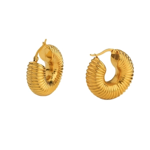 Polished gold plated stainless steel hoop earrings with distinct horizontal ribbed texture