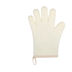 Beige silicone oven mitt with heart texture and hanging loop for heat resistant baking