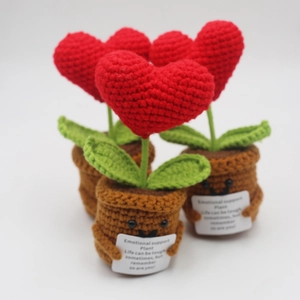 Set of four handmade crochet emotional support plants with red hearts and encouraging cards