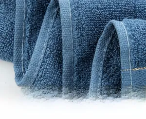 Detail shot of navy blue cotton towel texture with reinforced wide stitched hem edges