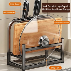 Gunmetal multi-functional kitchen knife holder with cutting board rack and drain tray