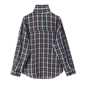 Classic dark brown and light blue plaid long sleeve cotton shirt, back view on white background