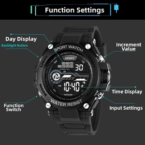 Macro shot of digital sports watch dial showing weekday display and WR30M water resistance