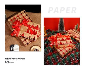 Detail of Christmas wrapping paper with reindeer patterns, ribbons and festive gift tags