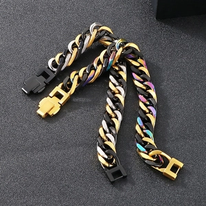Mens Cuban link bracelet set in black, gold, silver, and rainbow stainless steel