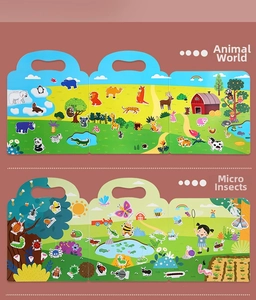 Detail of reusable sticker book showing Animal World and Micro Insect themes for kids