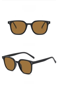 Front and side view of square black frame sunglasses with amber brown lenses and rivets