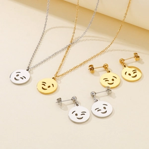 Winking Face Emoji Pendant Necklace And Earrings Stainless Steel Hollow Round Smiley Jewelry For Women Trendy Hip Hop Style