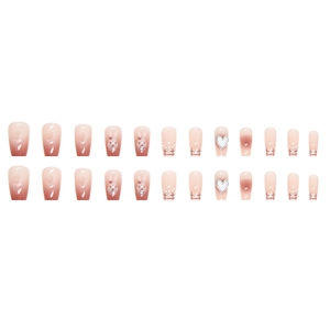Nude-rosa Press-on-Nägel mit süßem Hasen, Herz-Charms und Karo-Mustern im Set