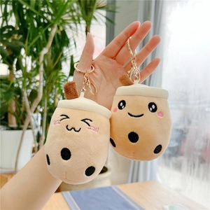 Cute cartoon bubble tea plush keychain with soft brown fabric and sweet embroidery details