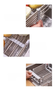 Detail of adjustable screws and widened handles on expandable stainless steel sink rack