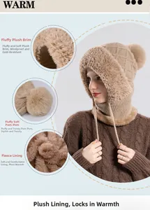 Detail view of winter knitted hooded scarf with fleece lining and fluffy pom-pom detail